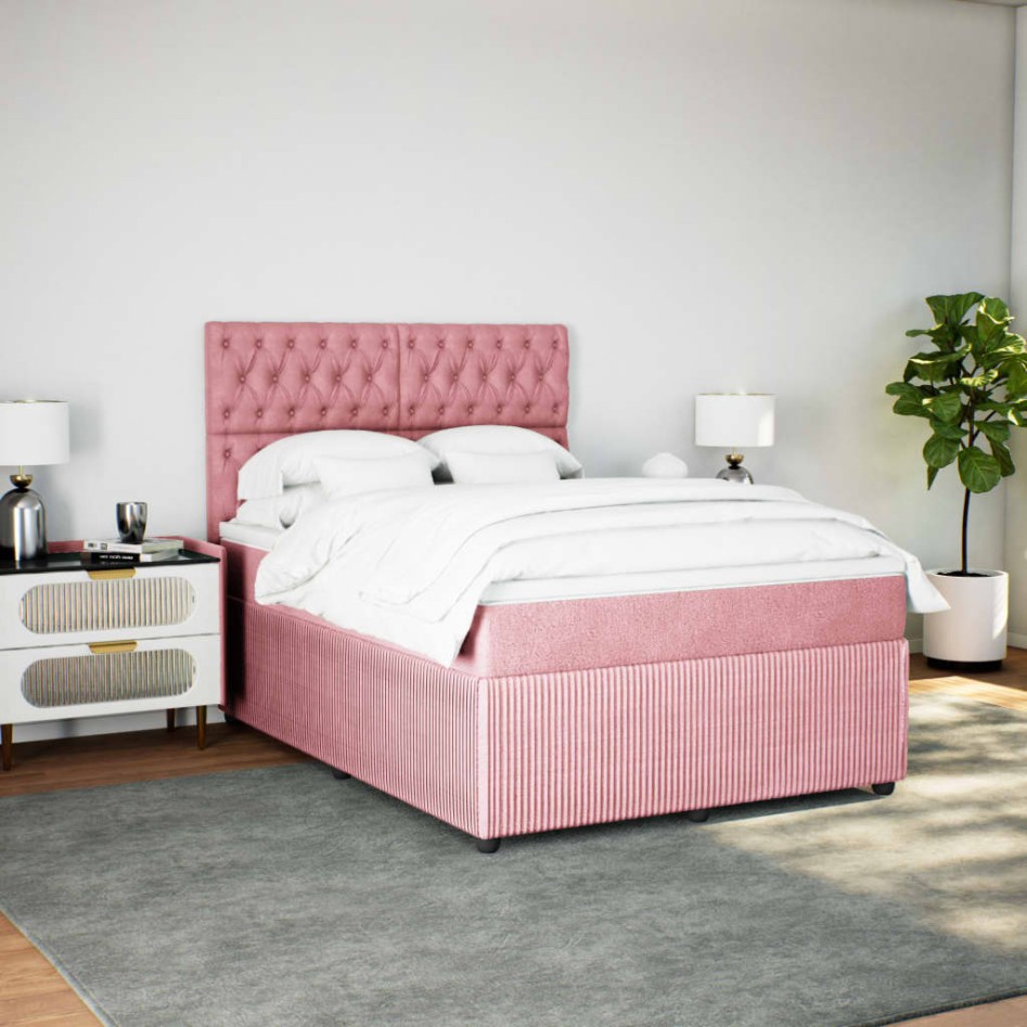 Cama box spring con colchón terciopelo rosa 140x190
