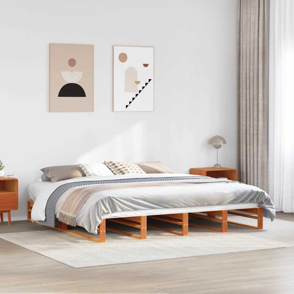 Cama sin colchón madera maciza de pino marrón cera 200x200