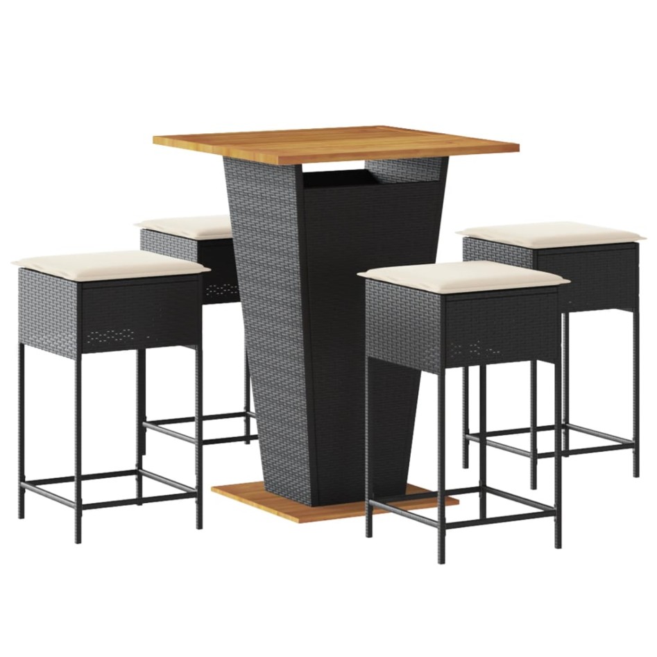 Mesa y taburetes altos jardín 5 pzas y cojines ratán PE