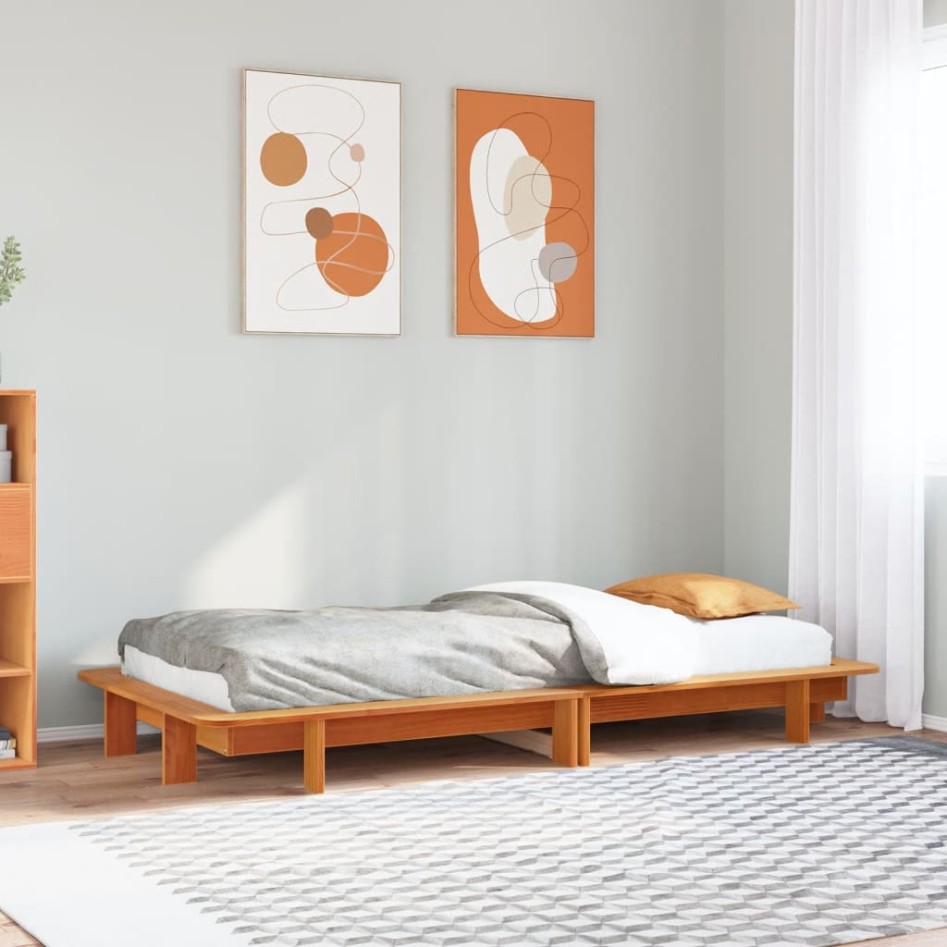Cama sin colchón madera maciza de pino marrón cera 100x200