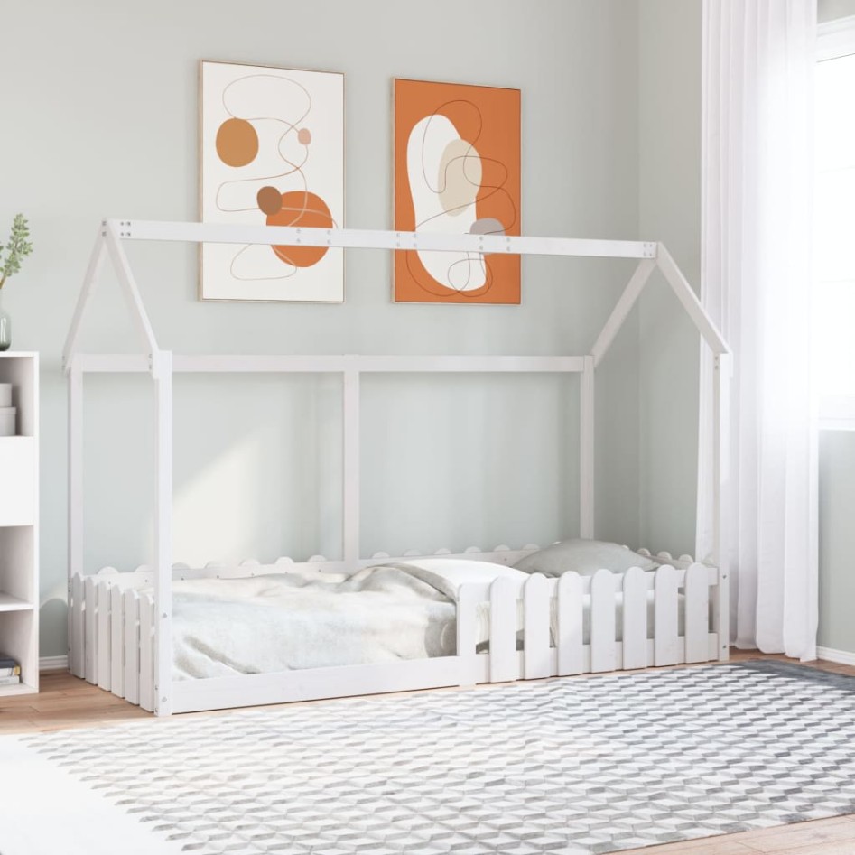 Cama con forma de casa de niños madera maciza blanca 80x200