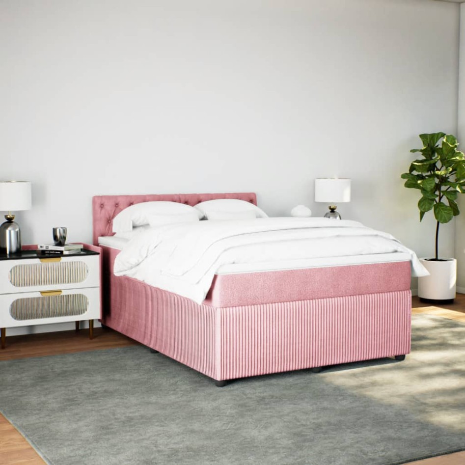 Cama box spring con colchón terciopelo rosa 140x200