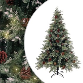Árbol de Navidad con luces y piñas PVC PE verde y blanco 150