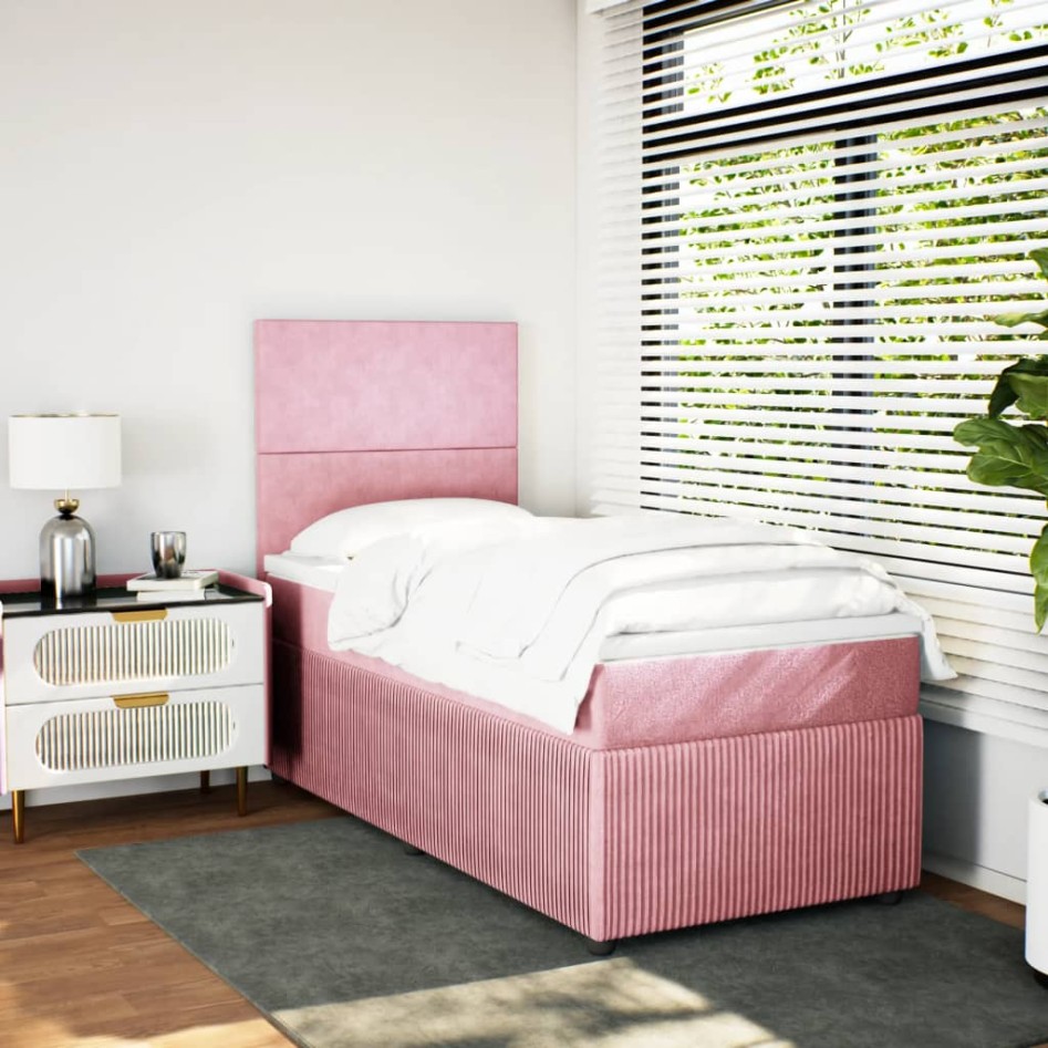 Cama box spring con colchón terciopelo rosa 90x190