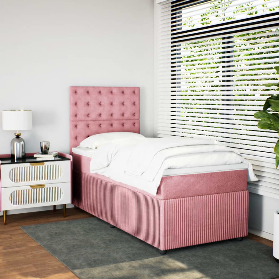 Cama box spring con colchón terciopelo rosa 80x200
