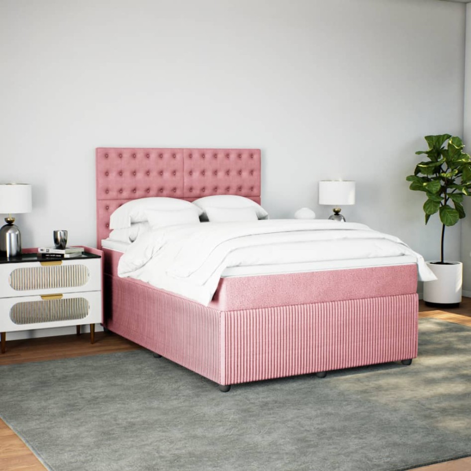 Cama box spring con colchón terciopelo rosa 140x200