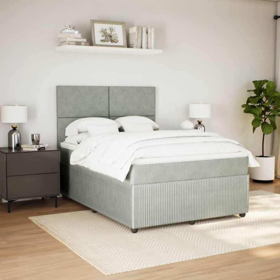 Cama box spring con colchón terciopelo gris claro 140x190