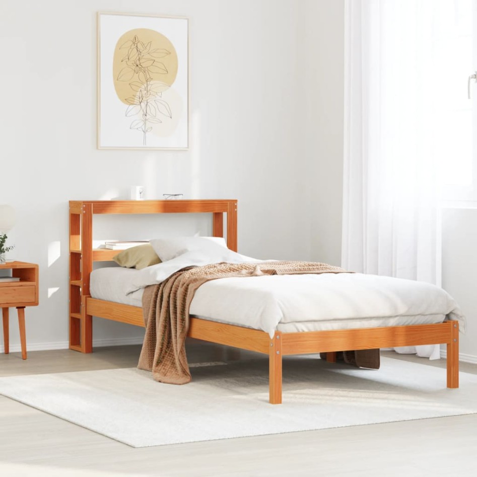 Estructura cama con cabecero madera pino marrón cera 90x190