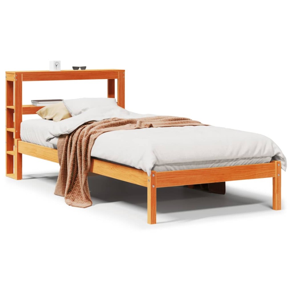 Estructura cama con cabecero madera pino marrón cera 90x190