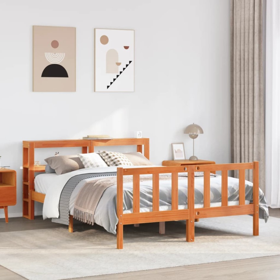 Estructura cama con cabecero madera pino marrón cera 120x200