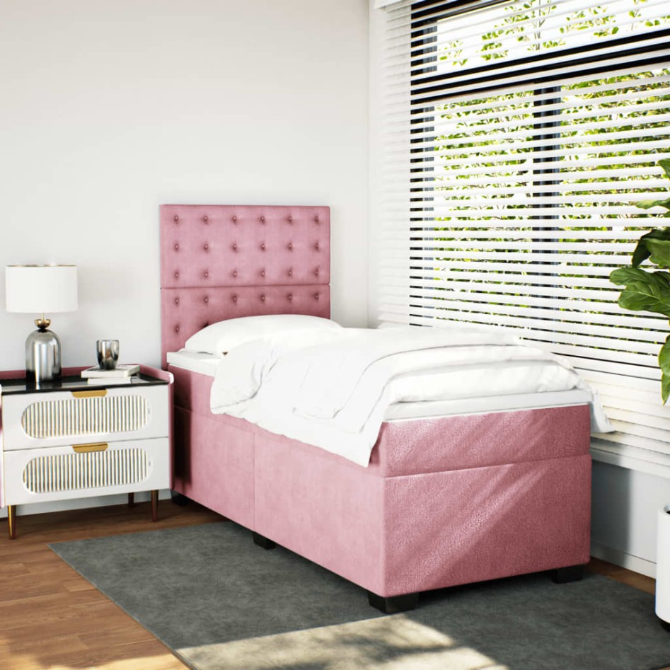 Cama box spring con colchón terciopelo rosa 80x200