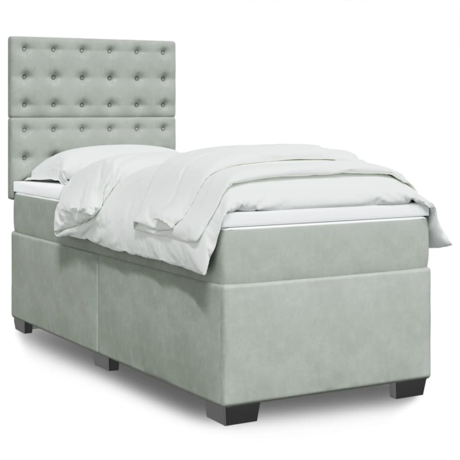 Cama box spring con colchón terciopelo gris claro 90x190