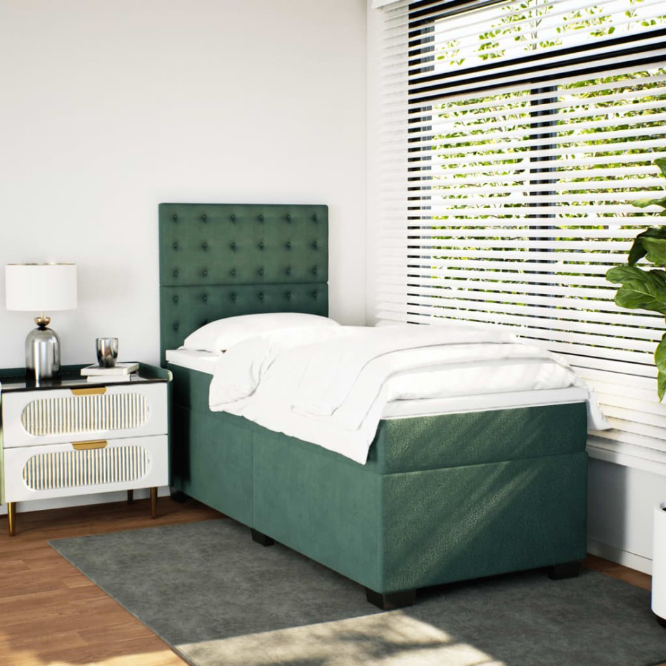 Cama box spring con colchón terciopelo verde oscuro 90x190