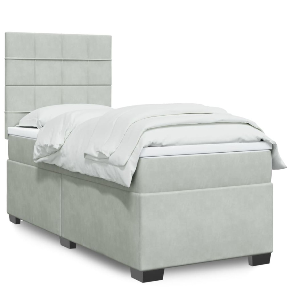 Cama box spring con colchón terciopelo gris claro 100x200