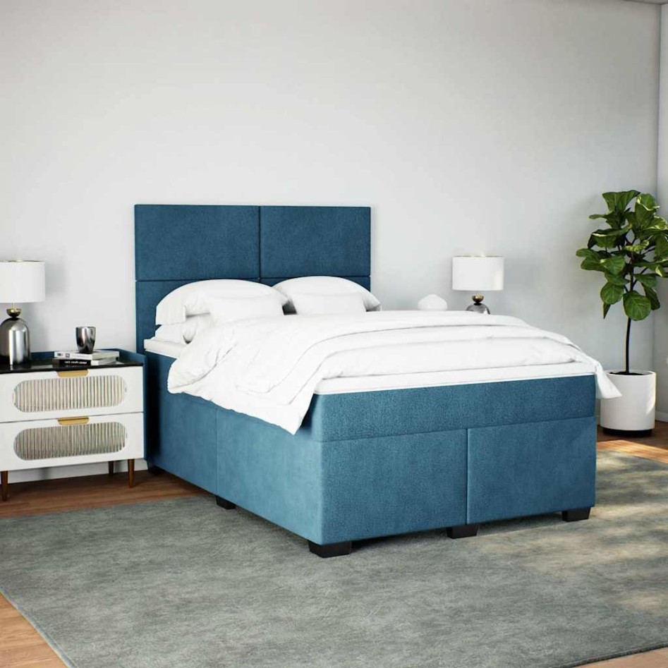Cama box spring con colchón terciopelo azul 140x190