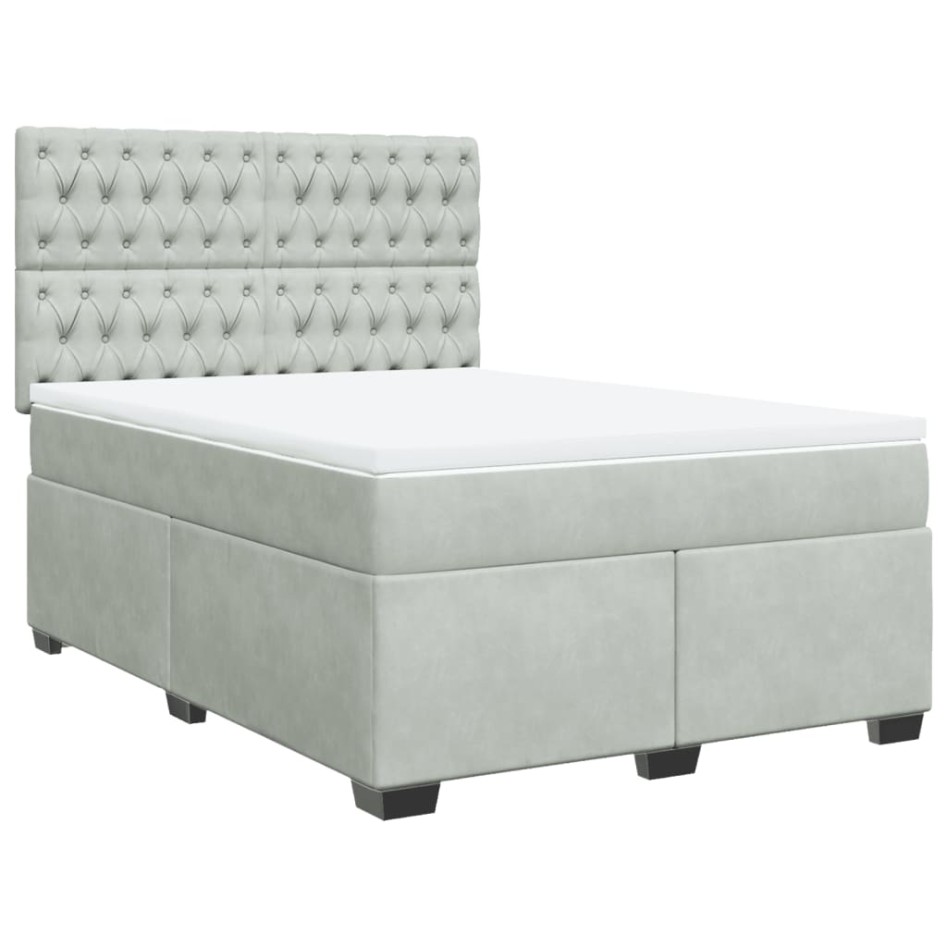 Cama box spring con colchón terciopelo gris claro 140x190