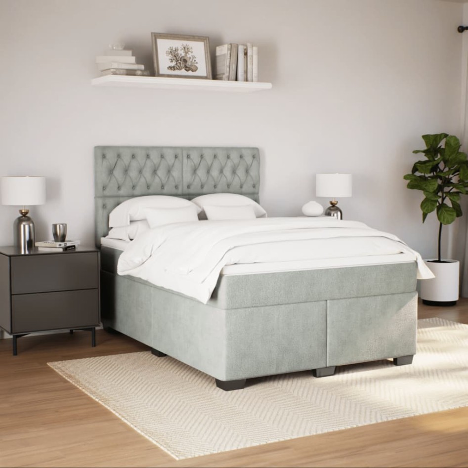 Cama box spring con colchón terciopelo gris claro 140x190