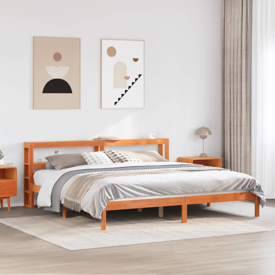 Estructura cama con cabecero madera pino marrón cera 200x200