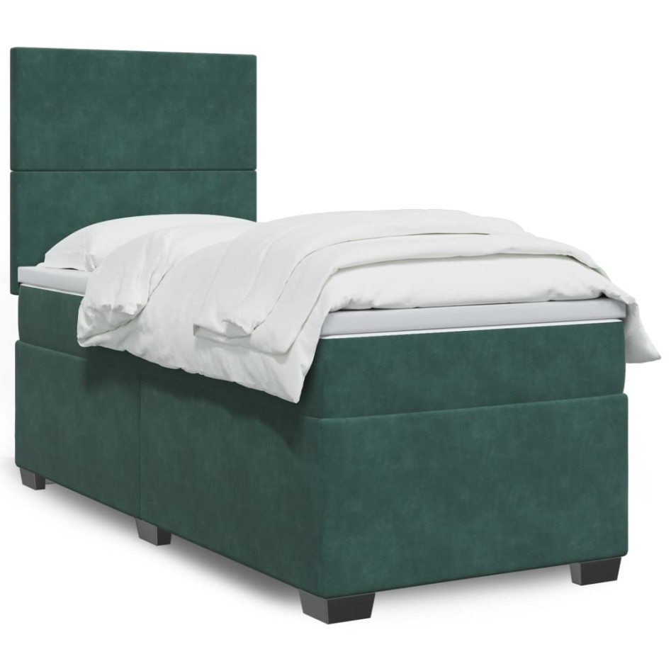 Cama box spring con colchón terciopelo verde oscuro 90x200