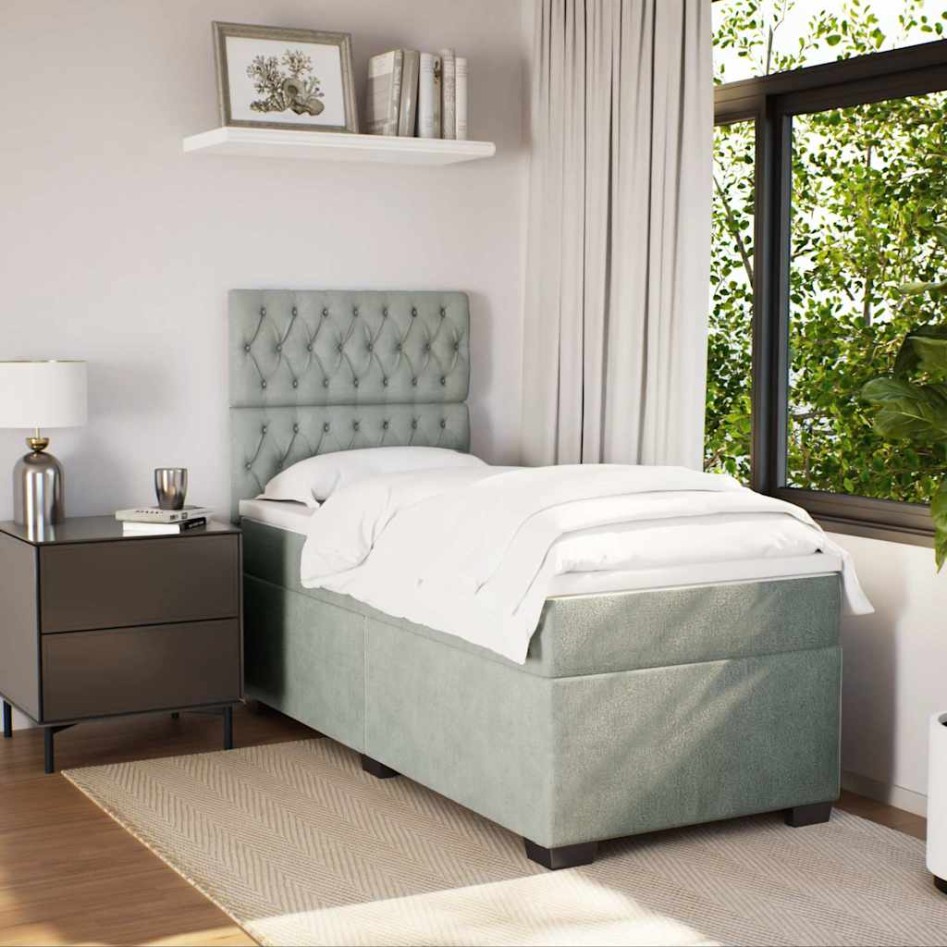 Cama box spring con colchón terciopelo gris claro 80x200