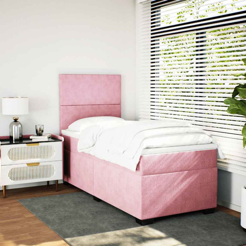 Cama box spring con colchón terciopelo rosa 100x200