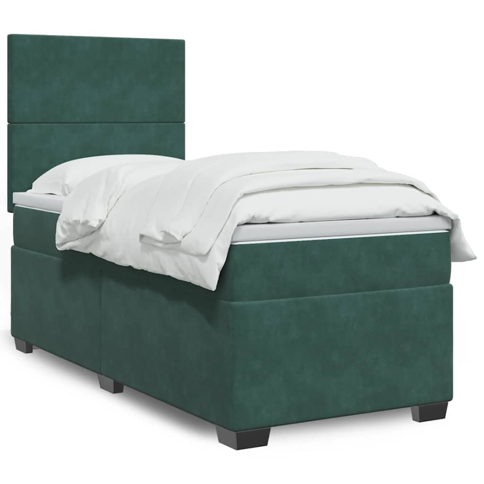 Cama box spring con colchón terciopelo verde oscuro 90x190
