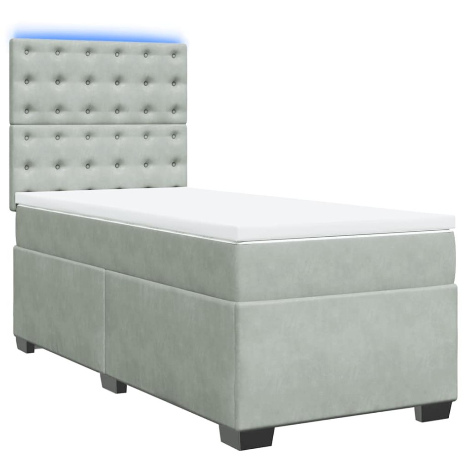 Cama box spring con colchón terciopelo gris claro 80x200