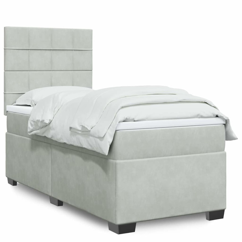 Cama box spring con colchón terciopelo gris claro 80x200