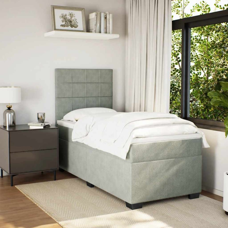Cama box spring con colchón terciopelo gris claro 80x200