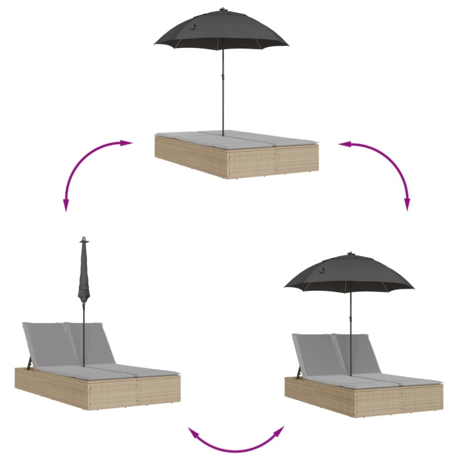 Tumbona doble con cojines y sombrilla ratán sintético