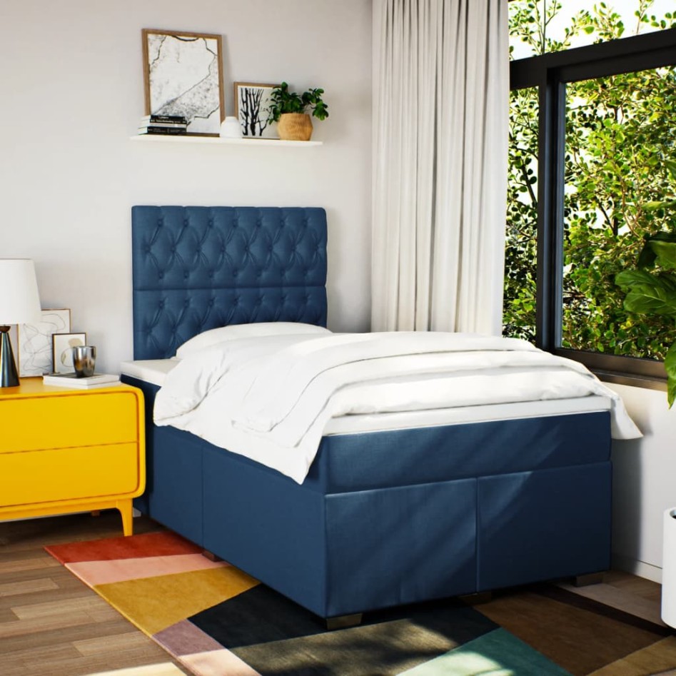 Cama box spring con colchón tela azul 120x190