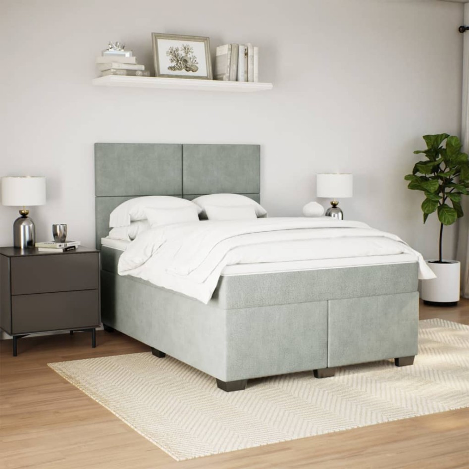 Cama box spring con colchón terciopelo gris claro 140x200