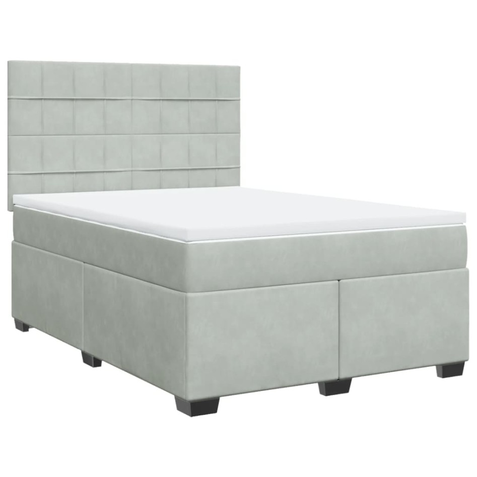 Cama box spring con colchón terciopelo gris claro 140x200