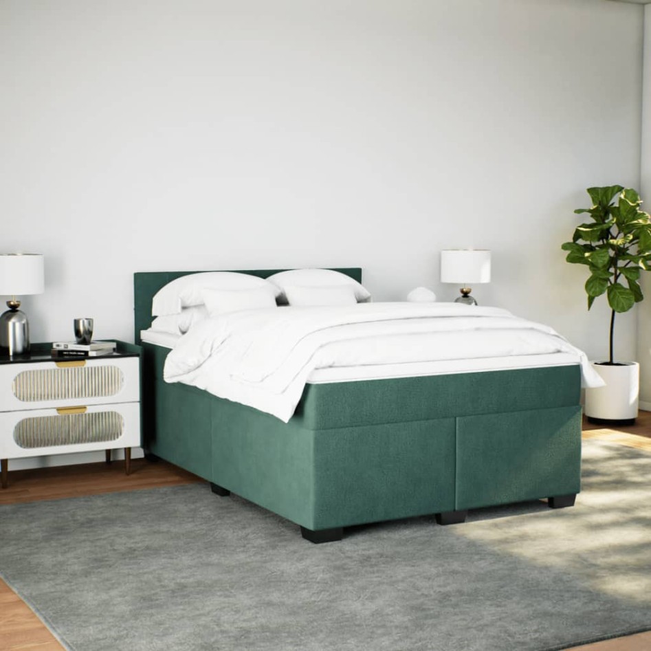 Cama box spring con colchón terciopelo verde oscuro 140x200