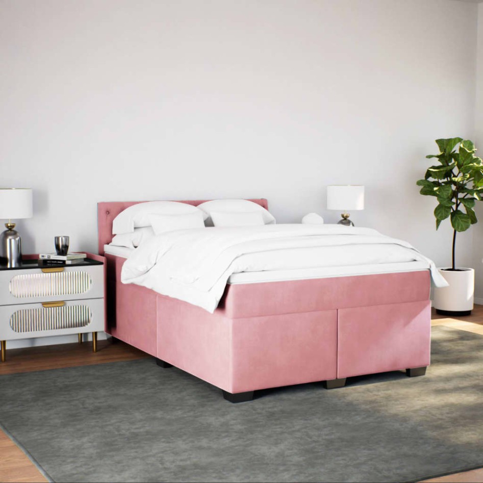Cama box spring con colchón terciopelo rosa 160x200