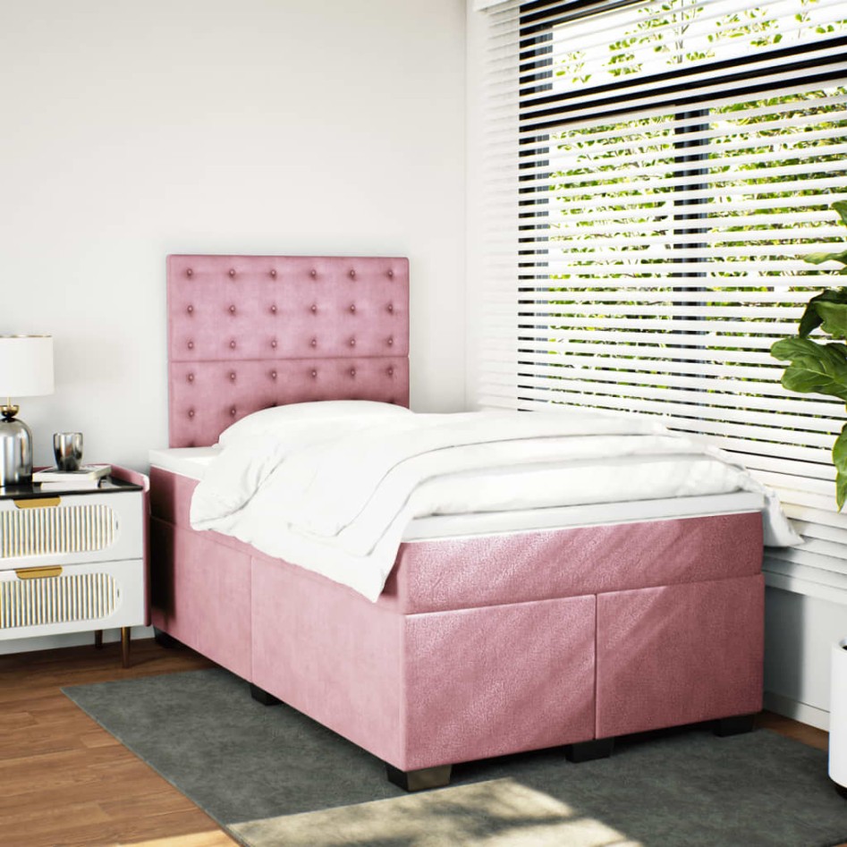 Cama box spring con colchón terciopelo rosa 120x200