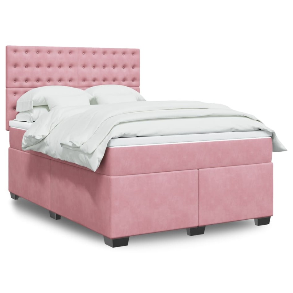 Cama box spring con colchón terciopelo rosa 140x190