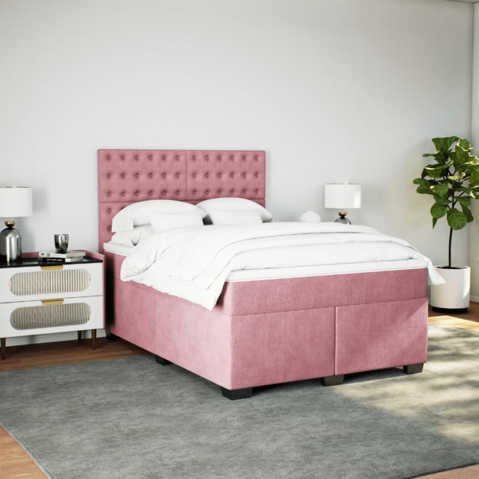 Cama box spring con colchón terciopelo rosa 140x190
