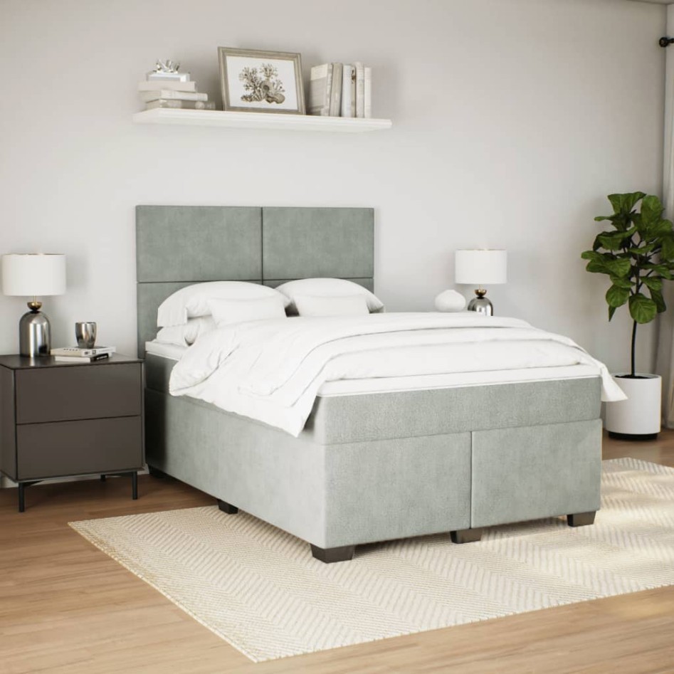 Cama box spring con colchón terciopelo gris claro 140x190
