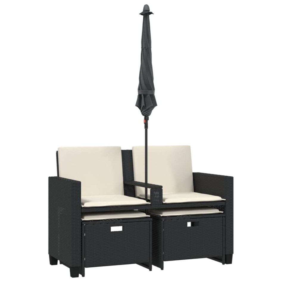 Sofá jardín 2 plazas con sombrilla y taburetes ratán PE