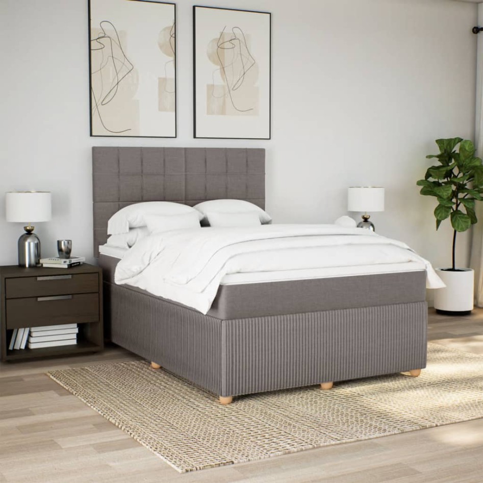 Cama box spring con colchón tela gris taupe 140x190