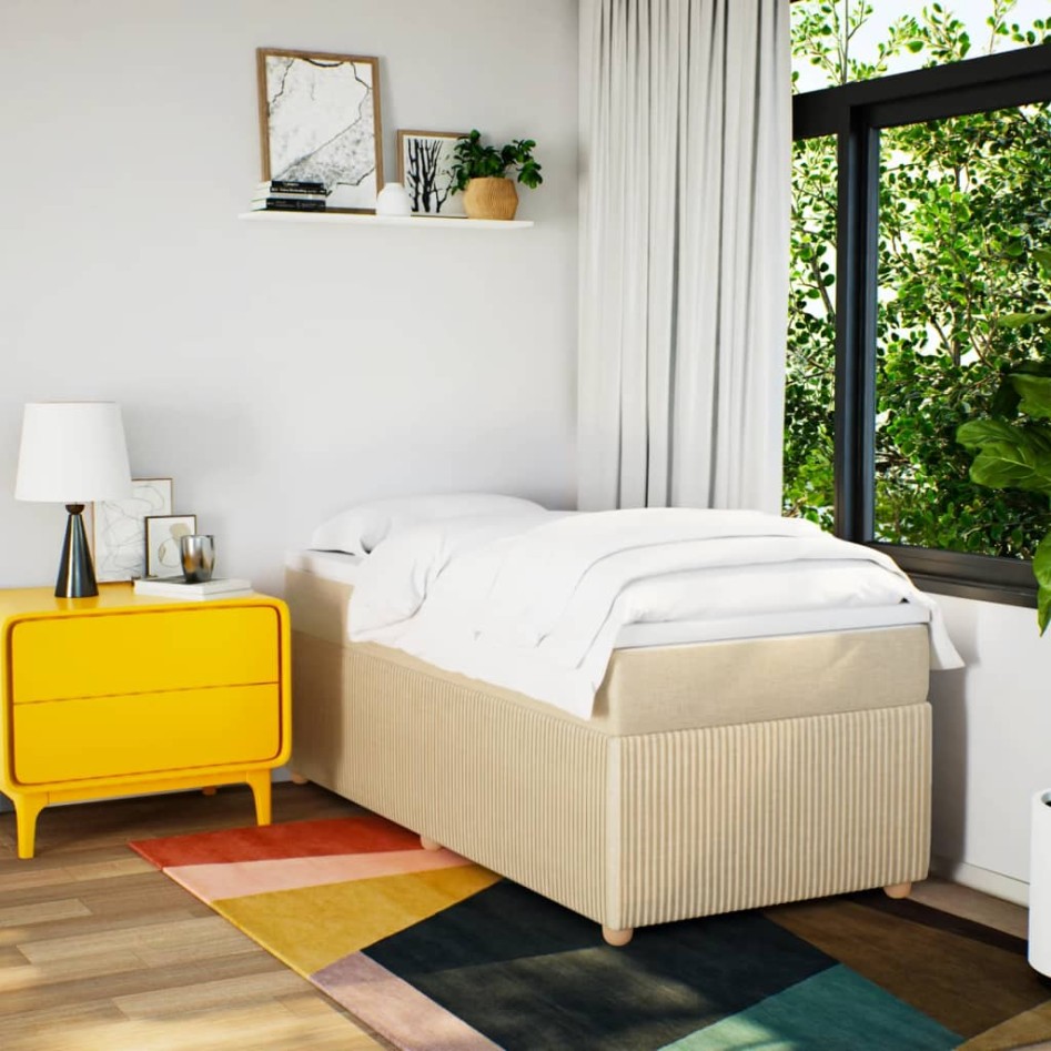 Cama box spring con colchón tela color crema 90x200