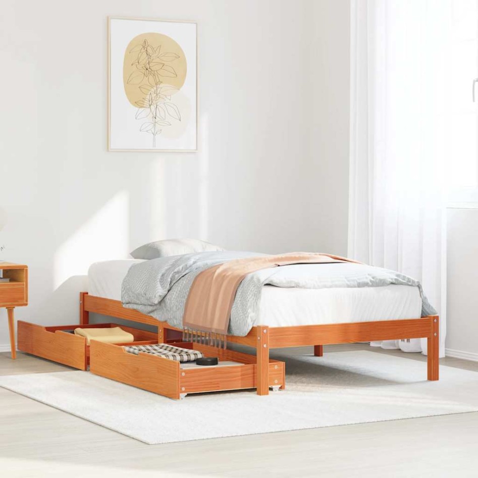 Cama sin colchón madera maciza de pino marrón cera 100x200
