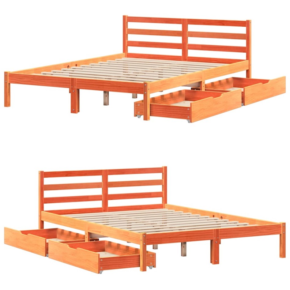 Cama sin colchón madera maciza de pino marrón cera 120x200