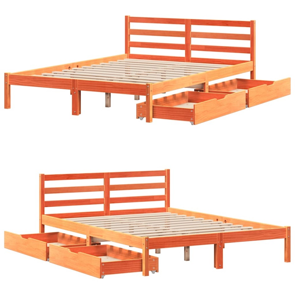 Cama sin colchón madera maciza de pino marrón cera 160x200