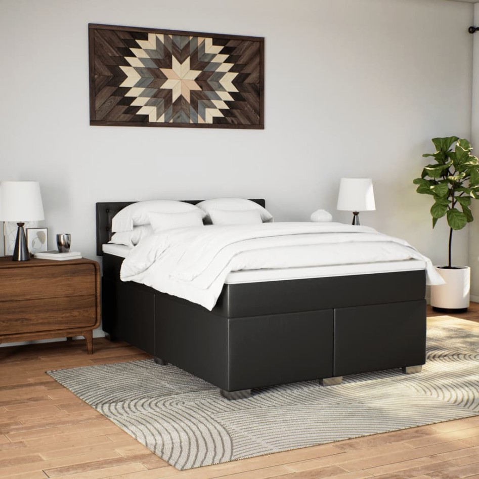 Cama box spring con colchón cuero sintético negro