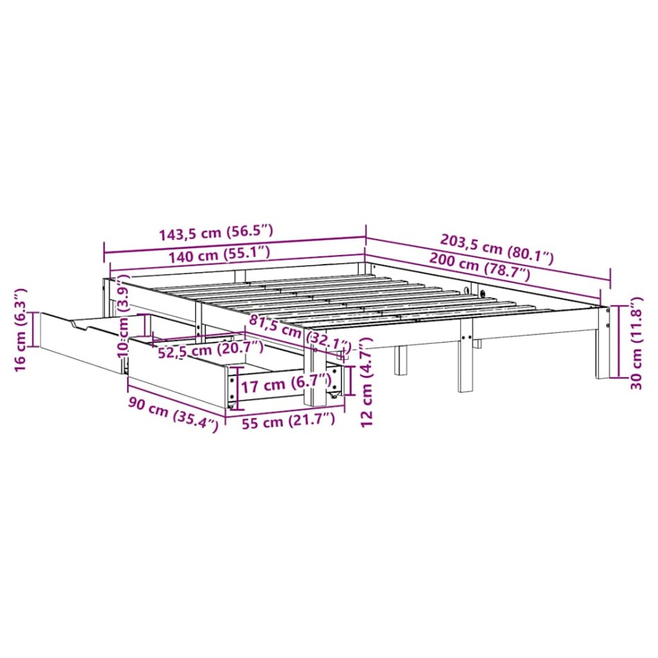 Estructura cama con cajones madera de pino maciza 140x200