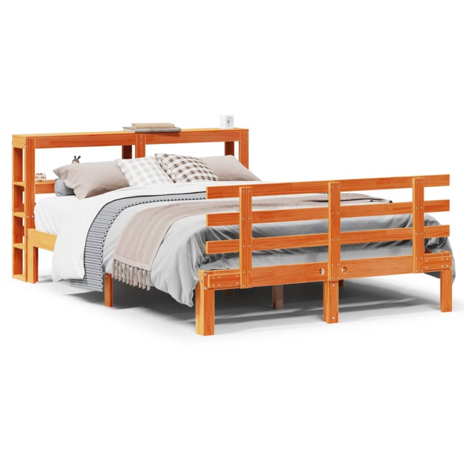 Estructura cama con cabecero madera pino marrón cera 140x190