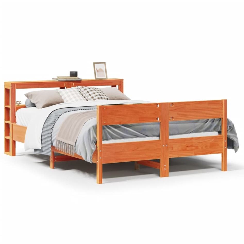 Cama sin colchón madera maciza pino marrón cera 150x200