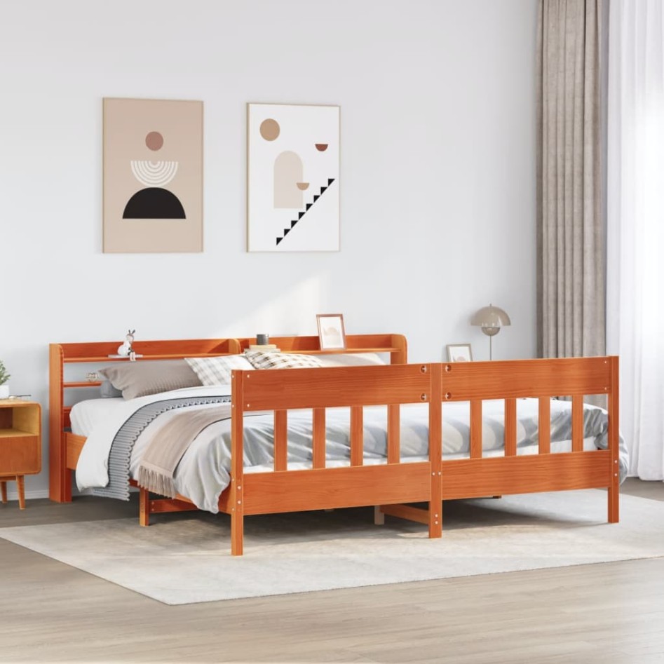Cama sin colchón madera maciza de pino marrón cera 180x200